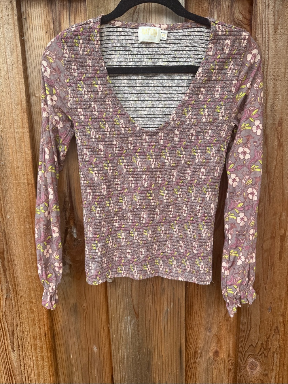 Nation LTD Lavender Floral Ribbed V-Neck Long Sleeve Top